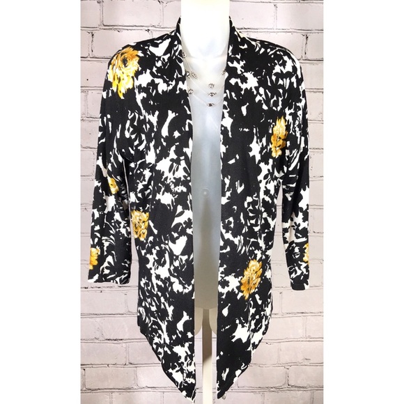 Cache Sweaters - Cache Open Cardigan Sweater Yellow Black Floral M